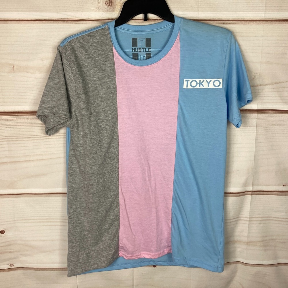 Bailey Apparel T-Shirt Mens L Blue Pink Hustle G Tokyo Crew‎ Neck Short Sleeve